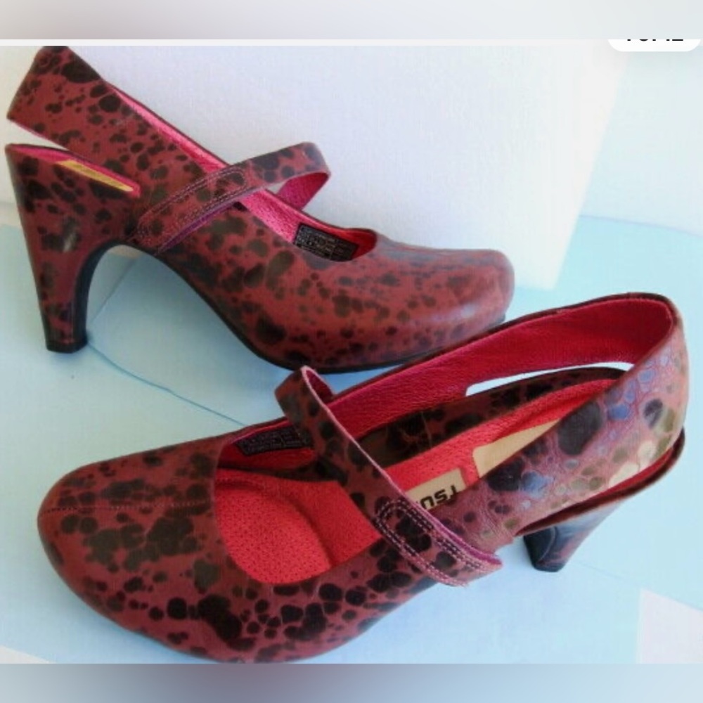 Tsubo ACREA Sz 8.5 Burgundy Leather Mary Jane Heel Slingback Pumps ~Animal-Print